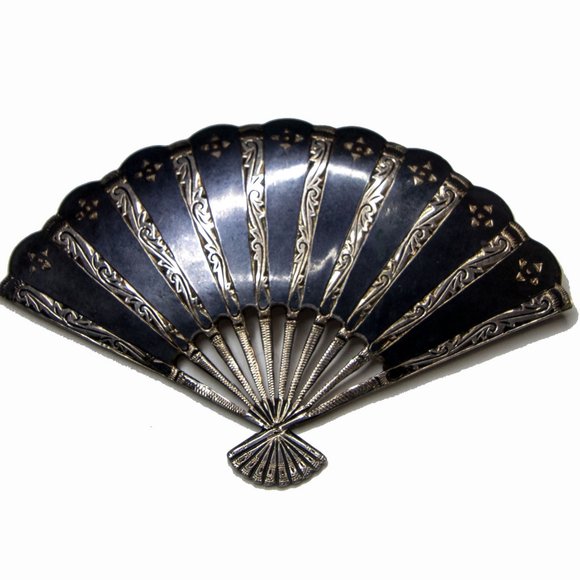 Siam Black Enamel Sterling Silver Fan Pin Brooch VINTAGE  Vintage Sterling Silver with Black Fan Brooch